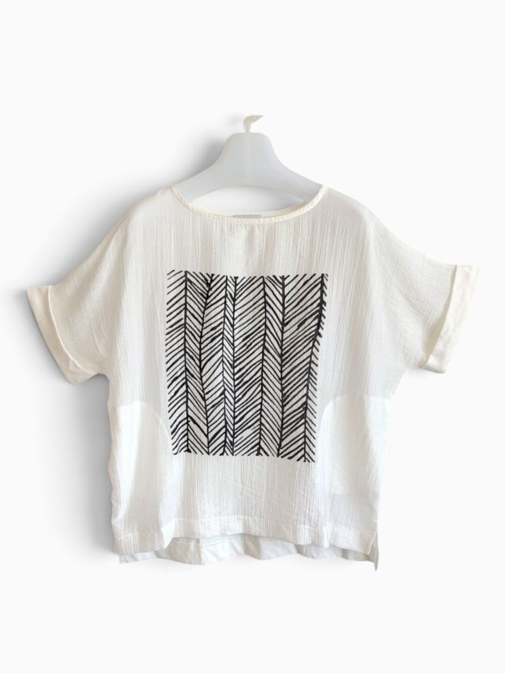 Terra S Apparel White Black Graphic Boxy Blouse L Cotton Rayon Artsy Modern